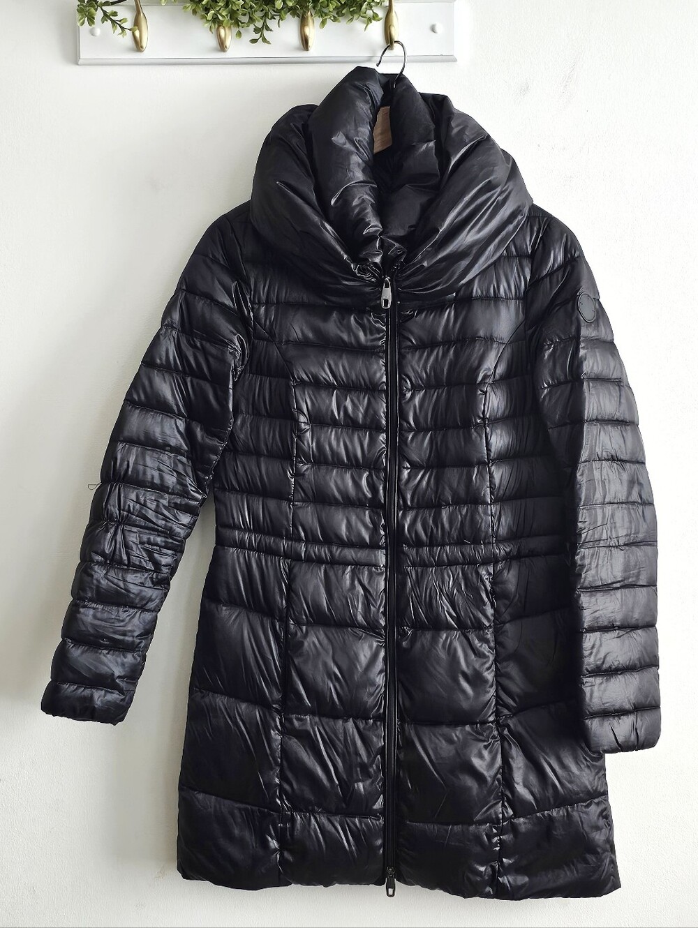 Steven by Steve Madden Black Down Puffer Coat Long Shawl Collar Size SP